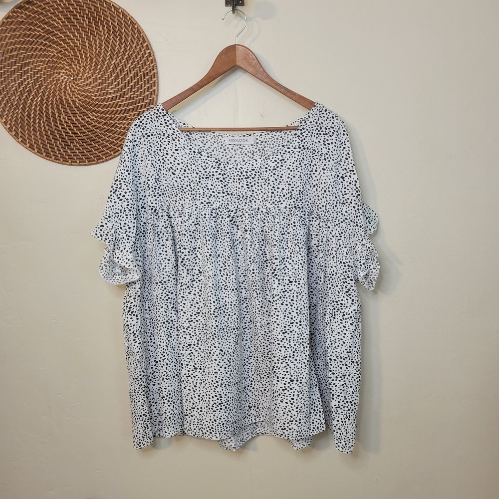Misslook Black Spotted Gypsy Peasant Top Blouse Short Sleeve Ruffle XXL‎